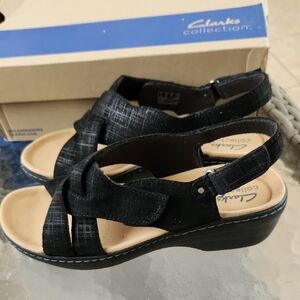 NWT Clarks Black Textured Slingback Wedge Sandals Sz 8.5 Merliah Echo